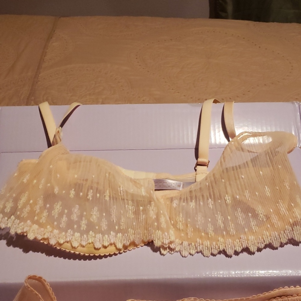 Dainty Daisy Flounce Bra has pleated daisy emb